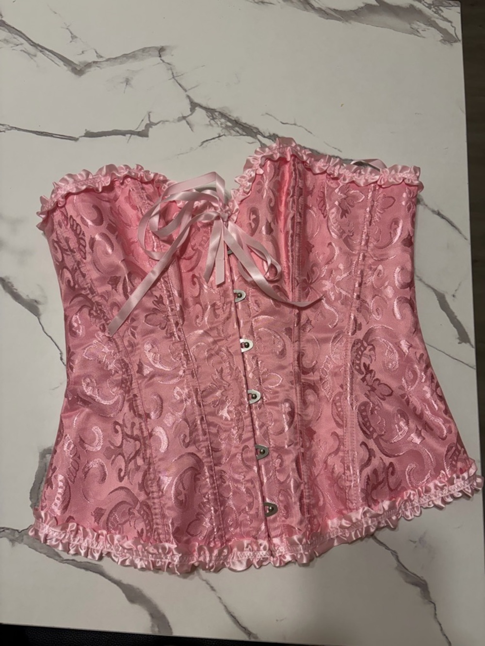 SHEIN Pink Satin Ruffle Corset Top